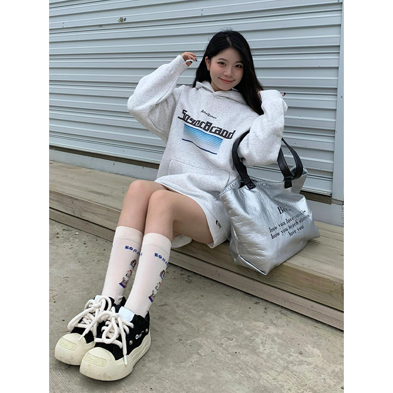 美式重磅衛衣女加絨秋冬數碼印花情侶帽衫灰色長袖寬鬆套頭上衣潮