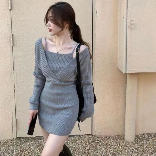 Autumn new design sexy hottie off-shoulder splicing fake two-piece long-sleeved dress