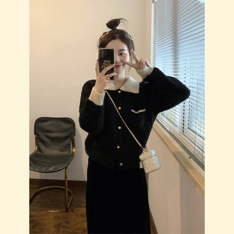 黑色小香風翻領針織開衫毛衣女春秋季新款軟糯含羊毛短款外套上衣