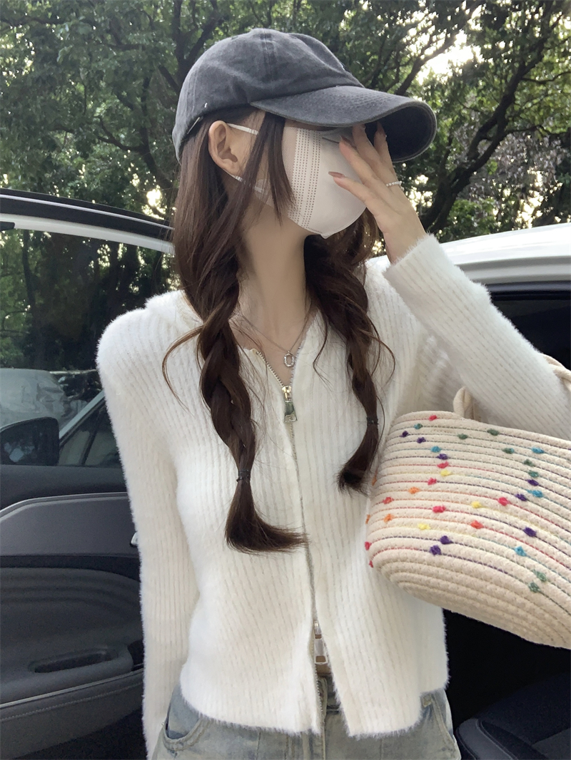 實拍 秋冬新款辣妹連帽雙拉鏈仿水貂毛短款針織毛衣女