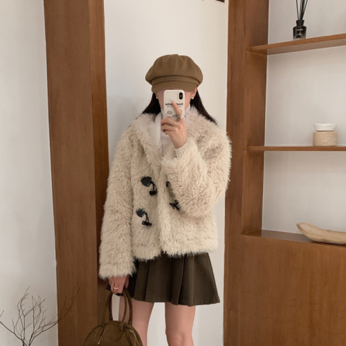 Real shot autumn and winter pu leather horn button fur coat warm long fur imitation fur hooded jacket