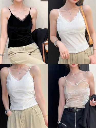 Price~Gold Velvet V-neck Lace Warm Vest Feminine Slim Suspender Beautiful Back Top Bottoming Shirt