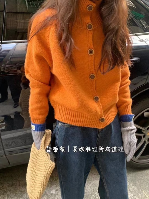 秋冬季新款半高領開衫外穿軟糯毛衣女短款翻領長袖針織衫