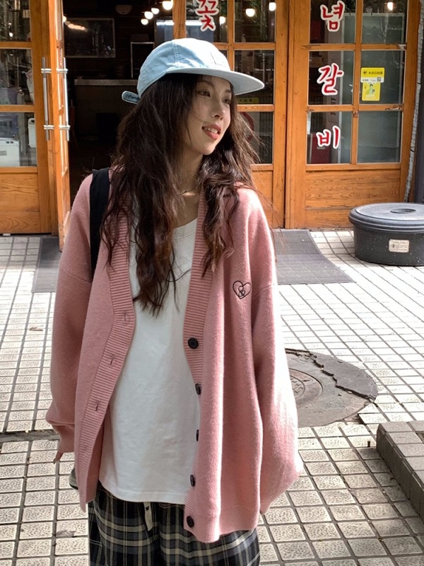 粉色刺繡V領針織開衫女秋季新款溫柔寬鬆毛衣外套中長款長袖上衣