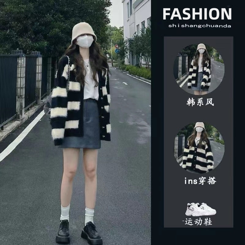 法式條紋針織毛衣女鹽系ins寬鬆軟糯打底衫針織衫