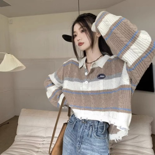Arctic velvet acrylic 48% nylon 22% PBT 30% polo collar striped sweater short ripped sweater