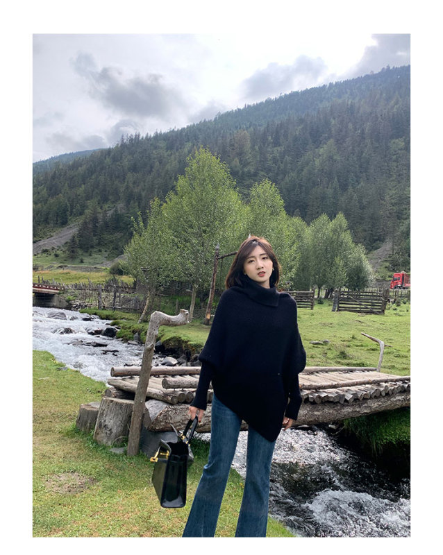 tina/毛衣斗篷長袖套頭針織面料春秋堆堆領百搭純色寬鬆型