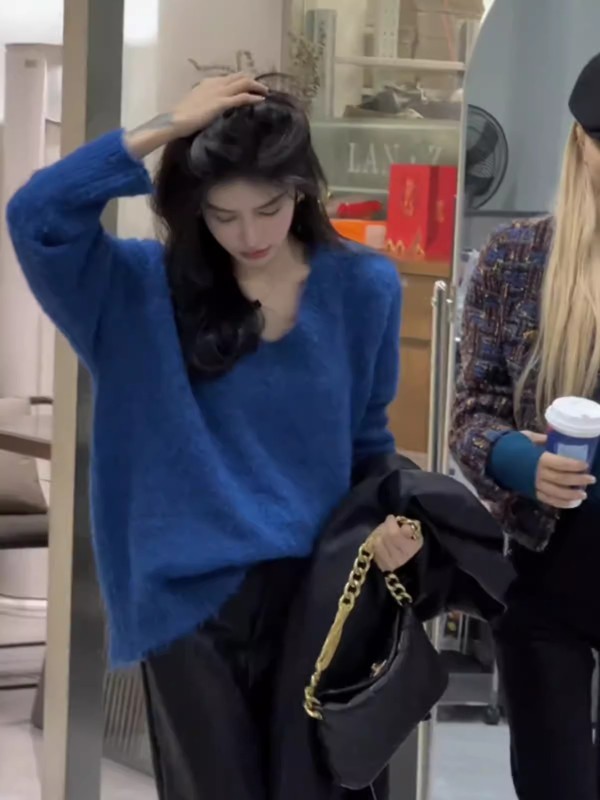 萊茵克藍軟糯毛衣女2023新款秋冬高級感打底衫寬鬆慵懶風V領上衣