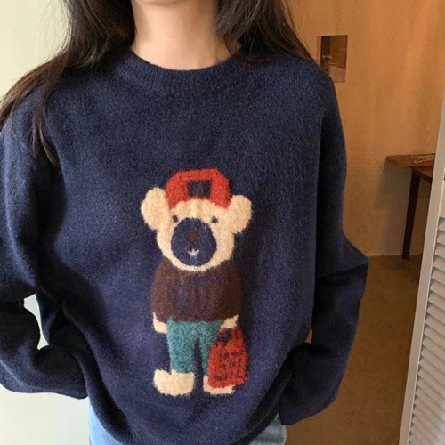 Lazy style cartoon bear pullover sweater for women in autumn and winter new style loose and versatile slim outer sweater top trendy