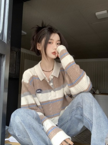 Arctic velvet acrylic 48% nylon 22% PBT 30% polo collar striped sweater short ripped sweater