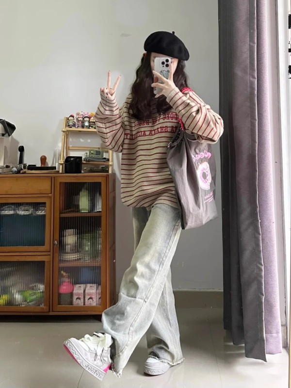 撞色條紋毛衣女套頭圓領秋冬新款寬鬆慵懶風美式復古針織加厚上衣