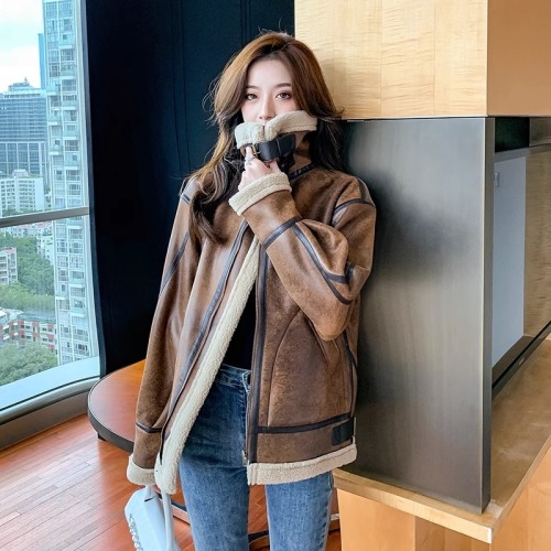 Lamb wool jacket women's winter thickened motorcycle leather jacket loose stand-up collar fur one-piece high-end jacket top