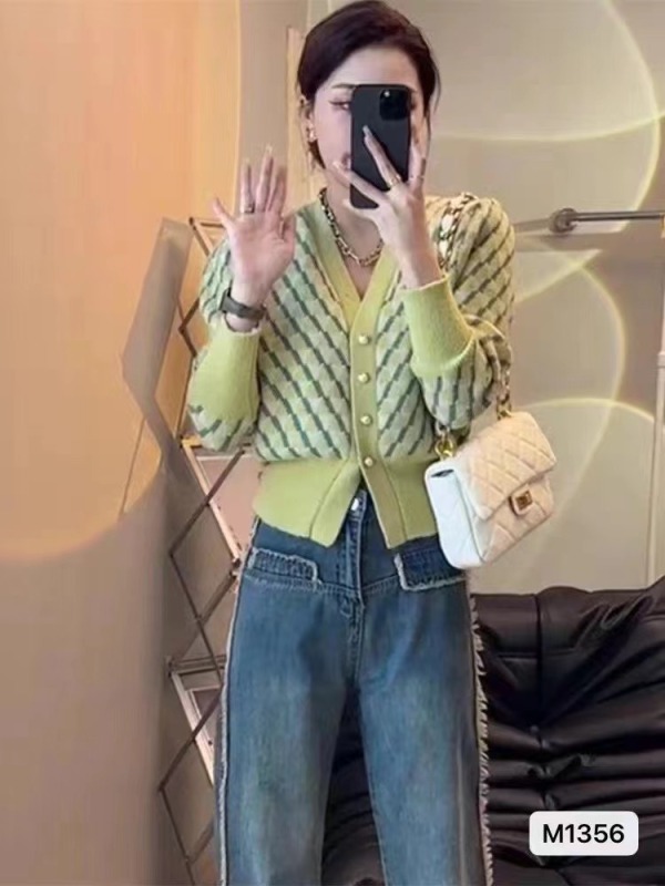 秋冬新款韓版小香風V領撞色菱格提花長袖開衫上衣女