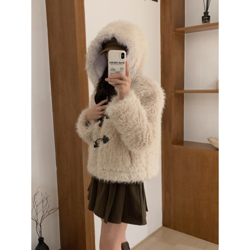 Real shot autumn and winter pu leather horn button fur coat warm long fur imitation fur hooded jacket