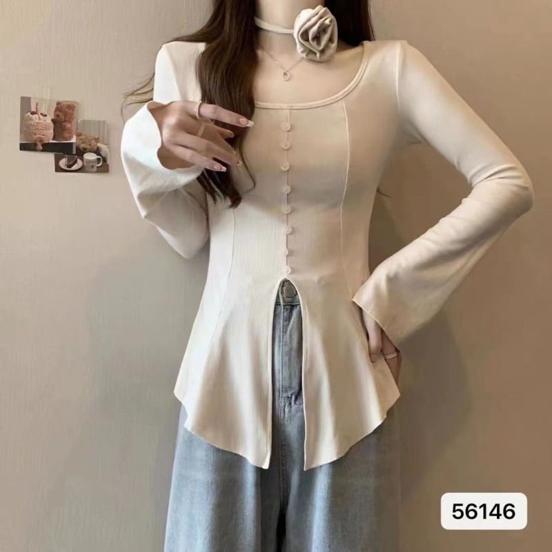 秋季新款韓版甜美減齡排扣開叉下擺顯瘦喇叭長袖上衣女