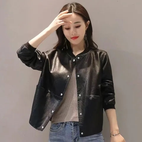 Women's quilted leather jacket  spring and autumn new Korean style loose short style leather jacket versatile top trendy