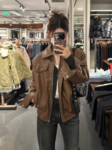  new autumn and winter Korean style loose brown retro Hong Kong style street leather jacket women's work wear motorcycle pu jacket