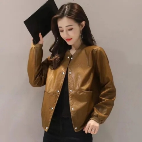 Women's quilted leather jacket  spring and autumn new Korean style loose short style leather jacket versatile top trendy