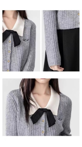 秋季新款蝴蝶结灰色毛衣外套女设计感长袖针织开衫小众短上衣