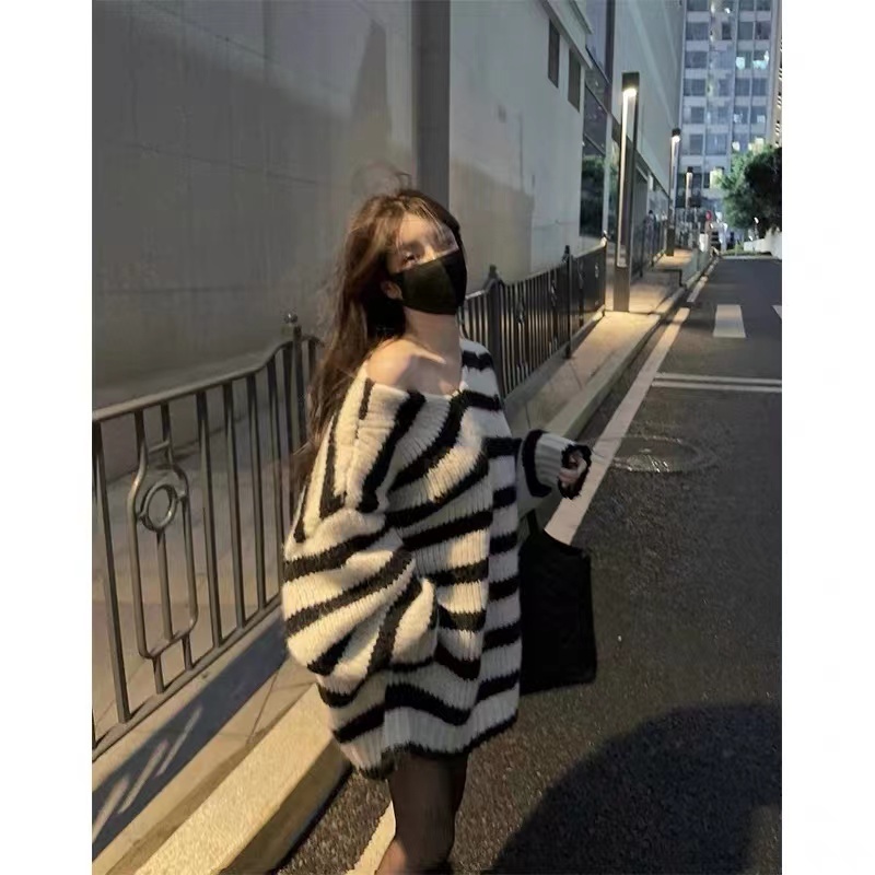 韓版復古V領條紋套頭毛衣女秋冬新款寬鬆時尚百搭中長款針織上衣