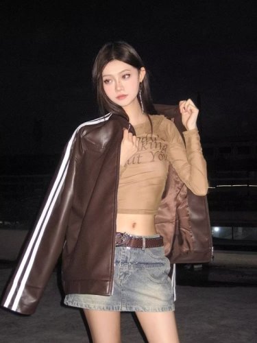 Sweet cool style short leather jacket for women in autumn and winter new American retro casual motorcycle jacket trendy tops