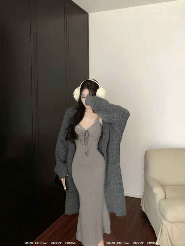實拍冷欲鬆弛感慵懶毛衣連帽外套長款吊帶裙氣質女人味套裝