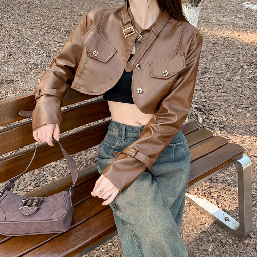 Real shot ~ American retro pu leather short jacket for women, autumn style loose short motorcycle leather jacket top