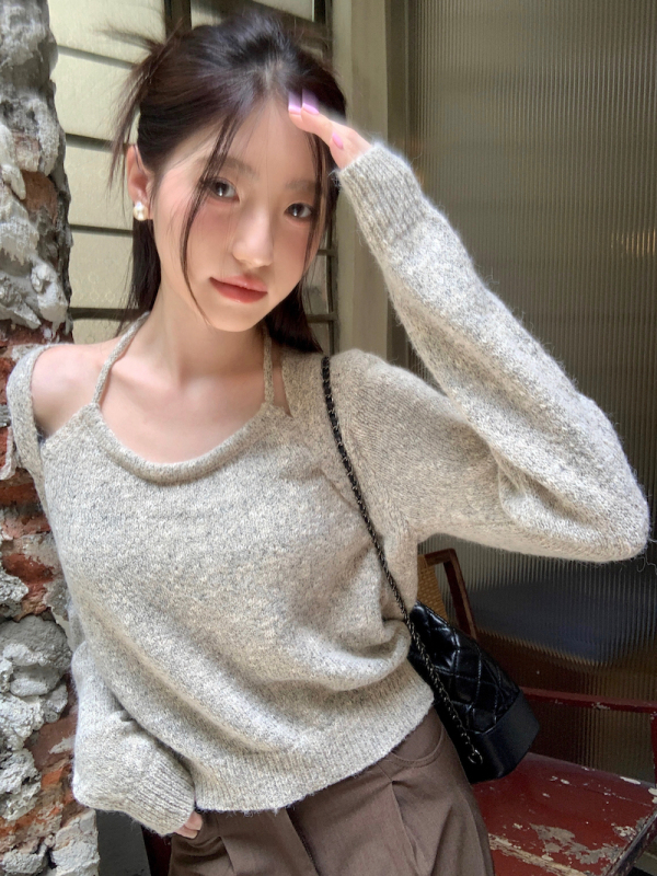 2023秋季新款掛脖設計感寬鬆慵懶風上衣毛衣百搭套頭簡約韓版女裝