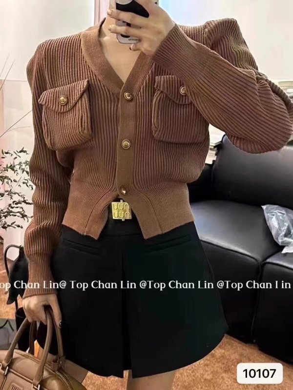秋冬新款韓版小香風V領口袋設計排扣收腰開衫上衣女