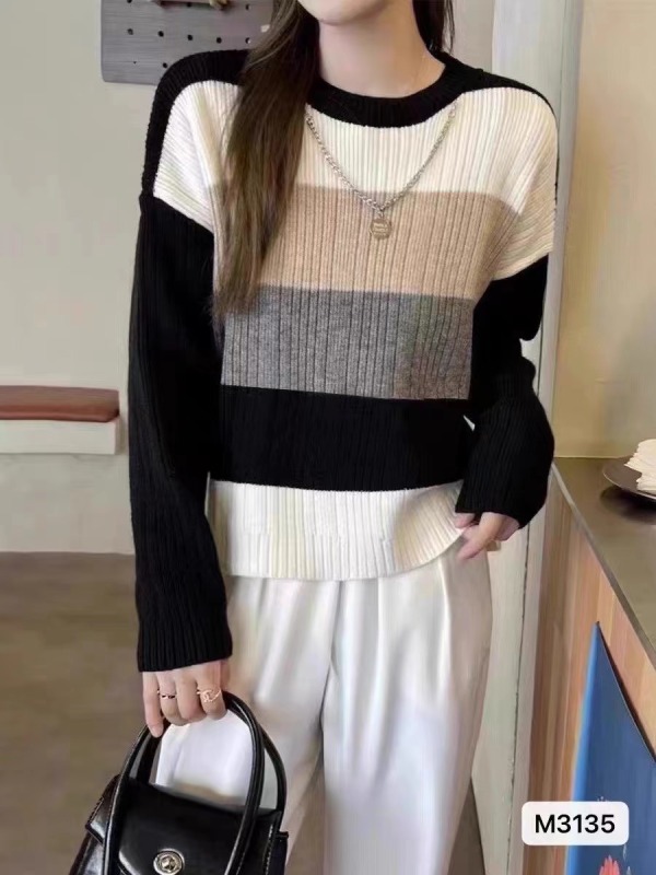 秋冬新款韓版時尚復古慵懶風圓領撞色條紋寬鬆長袖上衣女