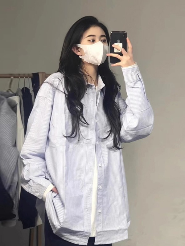 藍色條紋長袖襯衫外套上衣女新款設計感小眾高級內搭襯衣