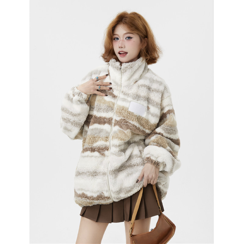 Real shot #tie-dye lamb wool jacket for women winter 2023 new loose national trend lamb wool cotton jacket