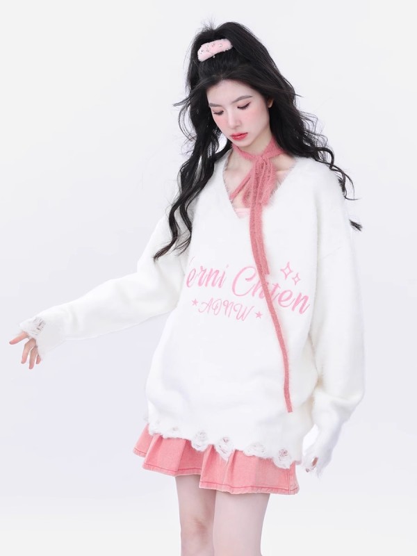 AONW秋冬新款美式寬鬆慵懶風字母綁帶小眾設計感毛衣女仿水貂毛