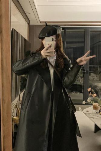 Actual shot ~ High-end retro mid-length waist-slimming PU knee-length leather jacket