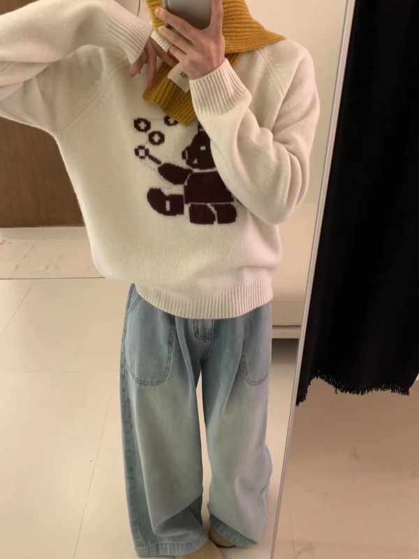 卡通減齡小熊吹泡泡提花針織衫慵懶風寬鬆顯瘦打底毛衣女插肩袖
