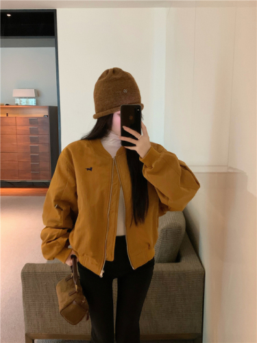 Real shot!  Stand collar quilted baseball jacket women's short embroidered jacket flight jacket cotton top