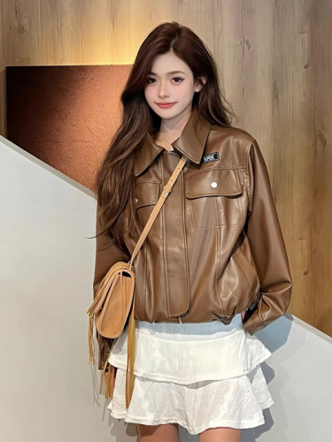  new autumn and winter Korean style loose brown retro Hong Kong style street leather jacket women's work wear motorcycle pu jacket