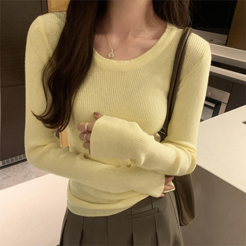 Photographed Warm Yellow Wool U-Neck Fitted Slimming Base Shirt  Autumn/Winter New Knit Top