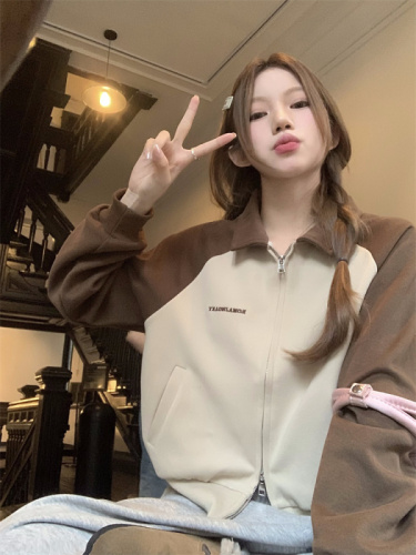Real shot!  Contrast color polo lapel short jacket for women in autumn and winter, versatile double zipper embroidered letter baseball uniform