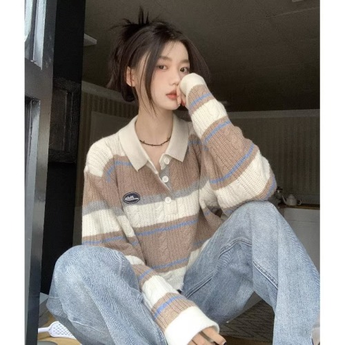 Arctic velvet acrylic 48% nylon 22% PBT 30% polo collar striped sweater short ripped sweater