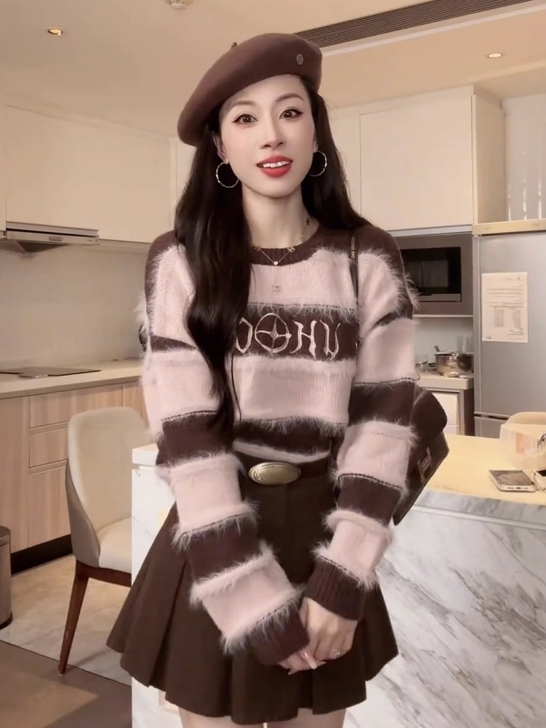 流蘇條紋短款毛衣女秋冬季2023新款韓版寬鬆慵懶風軟糯針織衫上衣