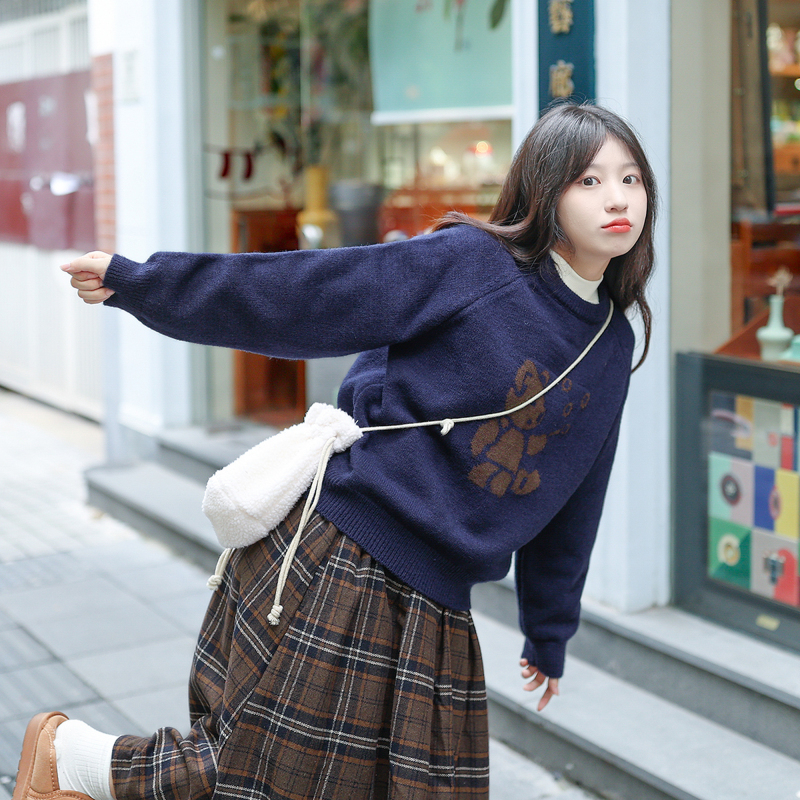 藝野系可愛泡泡小熊米白色毛衣女秋冬日系學院風小個子短款針織衫