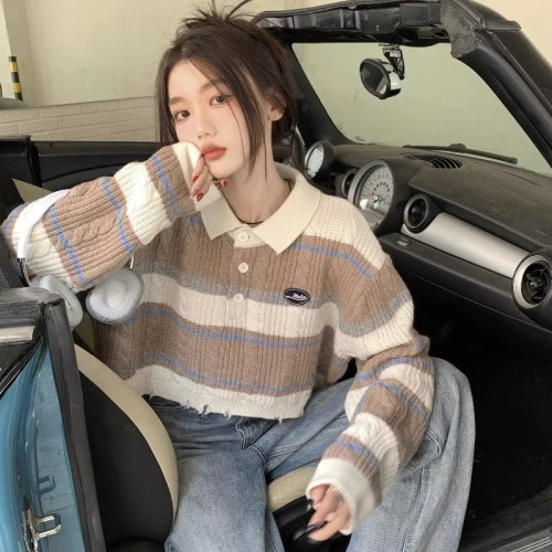 Arctic velvet acrylic 48% nylon 22% PBT 30% polo collar striped sweater short ripped sweater