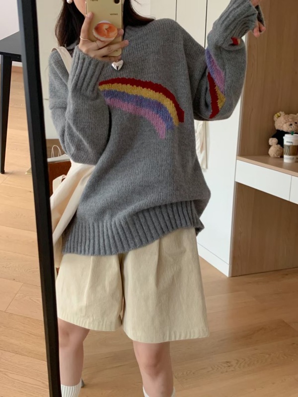 美式彩虹小眾設計感慵懶毛衣女2023早春秋款奶fufu新款上衣針織衫