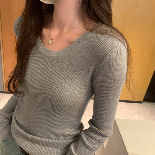 Photographed Warm Yellow Wool U-Neck Fitted Slimming Base Shirt  Autumn/Winter New Knit Top