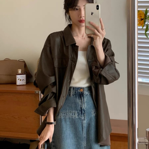 Lazy style coffee color pu mid-length leather jacket for women spring and autumn  new loose leather jacket shirt