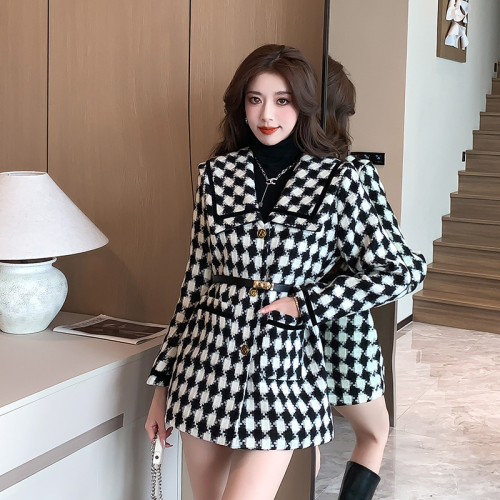 Actual shot of  autumn and winter new double-breasted woolen suit fitted navy collar small fragrant jacket