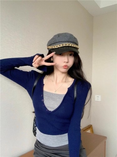 New Women's Fall Set Fashion Knit Two-Piece Skirt with Hidden Split Leggings, Stylish Blue Jeans Wide Leg Pants Two-Piece Set Trendy