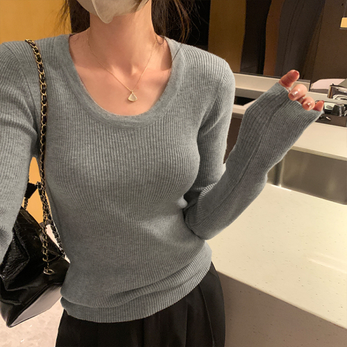 Photographed Warm Yellow Wool U-Neck Fitted Slimming Base Shirt  Autumn/Winter New Knit Top