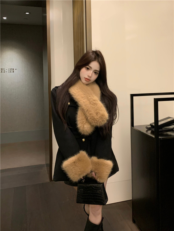 實拍！毛領圍脖可拆卸收腰寬鬆韓版夾棉呢子外套女